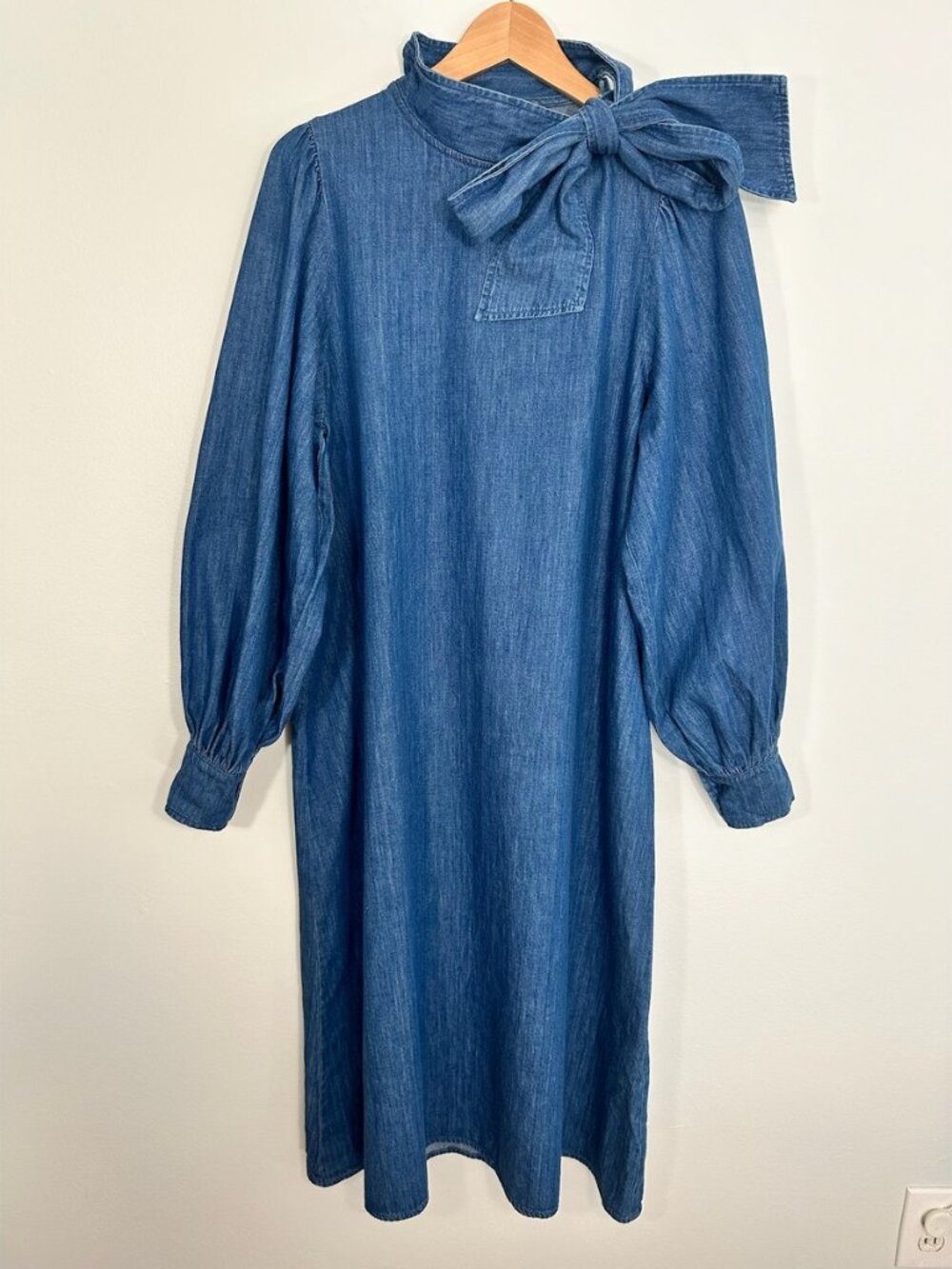 Sezane Blue Denim Tie-Neck Puff Sleeve Midi Dress 40